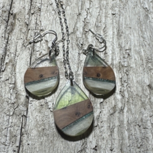 Sheep Horn, Burl Wood and Resin Pendant and Earring Set